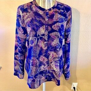 Rebecca Taylor Blue and Pink Abstract Print Long Sleeve Blouse